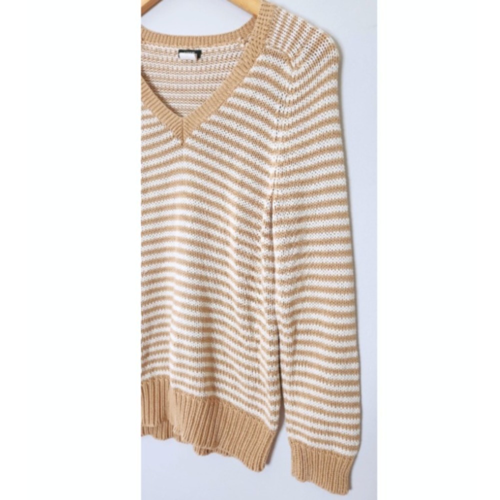 J Crew Striped V-Neck Sweater Women's Size Small 100% Cotton Beige 75101 - Picture 2 of 4